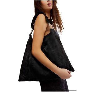 Free‎ People Black Suede Shoulder Bag Metal Bar Handles Boho Slouchy Tote
